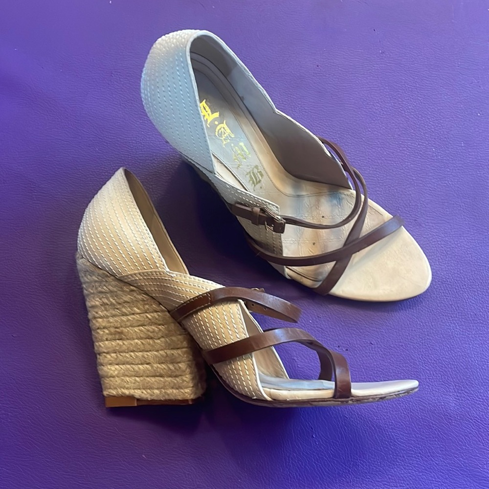 L.A.M.B. Gwen Stefani raffia leather wedge sandals sz6.5 espadrille heels